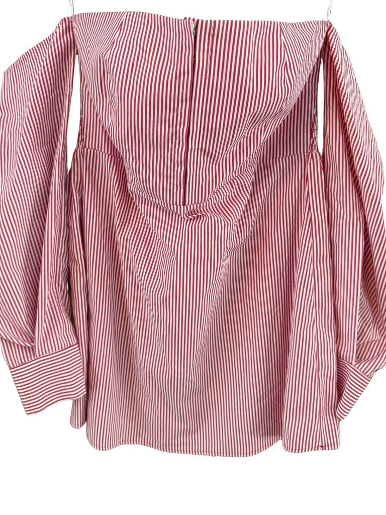Ro&De Nwt Off Shoulder Smocked Stripe Blouse Women's Red White Puff Sleeve Top M